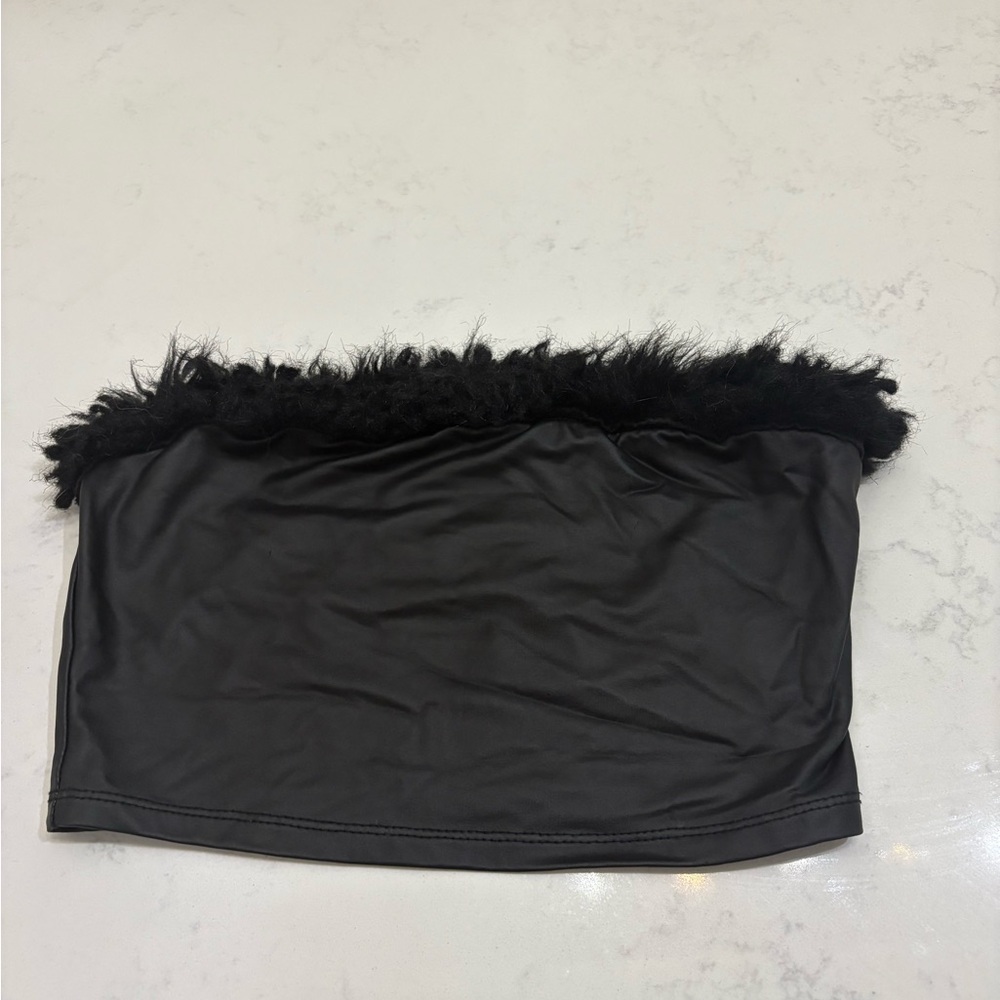 Black Faux Fur Trim Tube Top